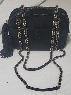 Tory Burch Black Leather Crossbody with Gold Chain